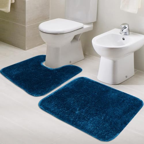 Image of Pano Microfiber Anti-Slip Bathmat Set with Contour Mat Turquoise | Pack of 2 (50x75 cm & 50x50 cm) | Non-Slip Quick-Drying Mats for Shower, Bathroom & Kitchen | Vibrant Color