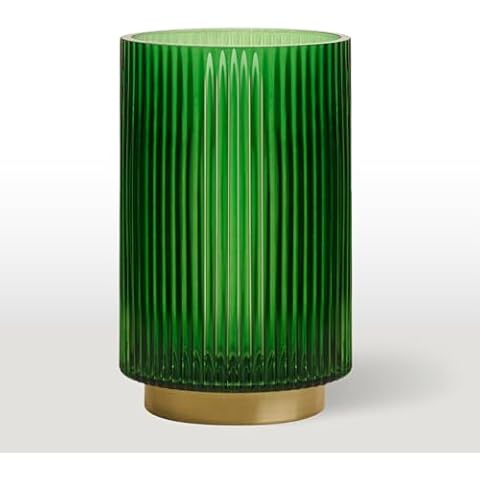 Torre & Tagus Adele Emerald Green Glass Vase with Gold Metal Base - Premium Clear Glass Cylinder Vase for Decor & Ribbed Glass Vase for Flowers, Emerald Green and Gold Decor for Table Centerpiece Cover