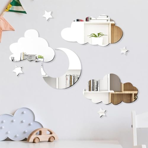 NOPVUFA 8 Pièces Stickers Muraux Miroir Nuages ​​Lune Étoiles Muraux Adhésifs en Acrylique Argent Miroir a Coller sur Porte Placard, Decoration pour Salon Chambre Bureau, Couloir, Chambre d'enfant
