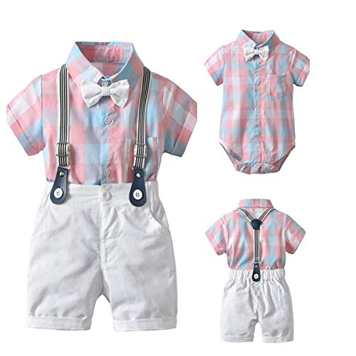 Toddler Baby Boy Gentleman Outfits Suits Bow Tie Romper Bodysuit Denim Jeans Kids Overalls Suspenders Clothing Set (2-3Years, Pink)