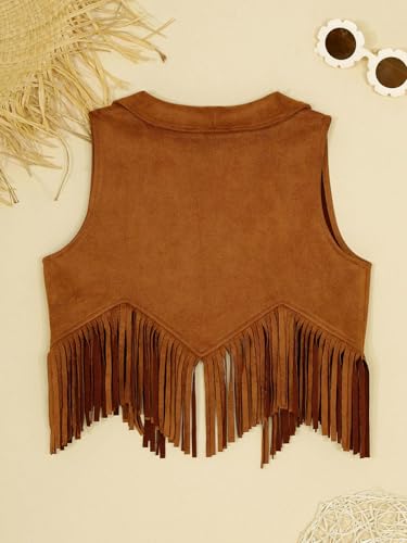 YiZYiF Girl's Faux Suede Tassel Vest Notch Lapel Sleeveless Hippie Cardigan Cowgirl Fringe Jacket4