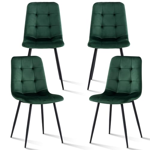Lecafur HL Velvet Dining Chairs Set of 4, Mid Century Modern Upholstered Fabric Kitchen Chairs with Metal Legs Adjustable Pads, Green