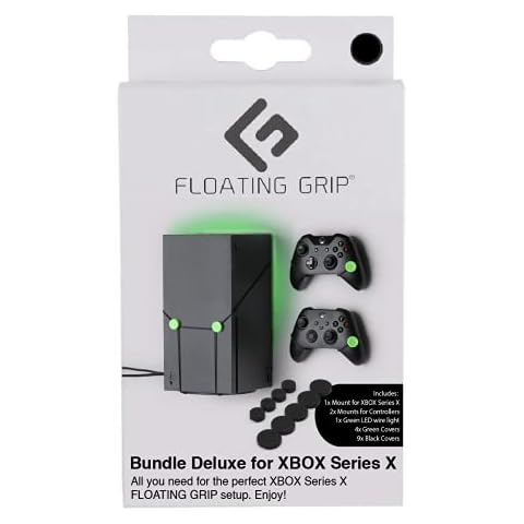 XBOX Series X Wall Mount system by FLOATING GRIP - Bundle Deluxe mounting kit for displaying XBOX Series X and 2x Controllers on the wall incl LED light and Cover Caps (Black) Cover