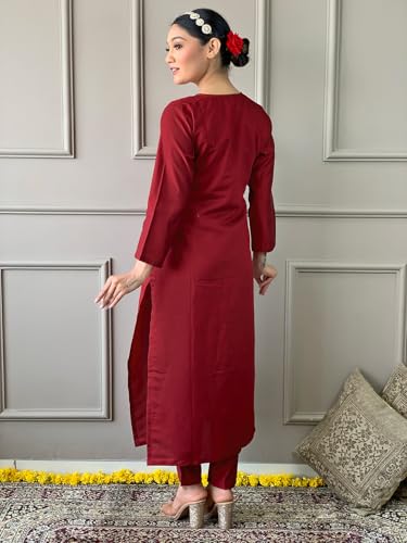 Image of Naixa Women's Red Viscose Silk Embroidered Straight Kurta with Viscose Silk Pant and Organza Printed Dupatta Sets