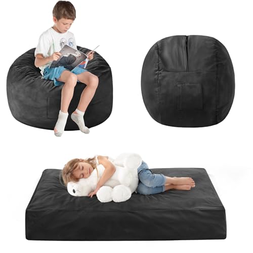 Kids Bean Bag Chair Bed - Convertible Lazy Chair to Floor Mattress with Filler - Small Beanbag Chair for Boys and Girls - Floor Couch Sofa in Bedroom, Classroom, Reading Nook - Carbon Black