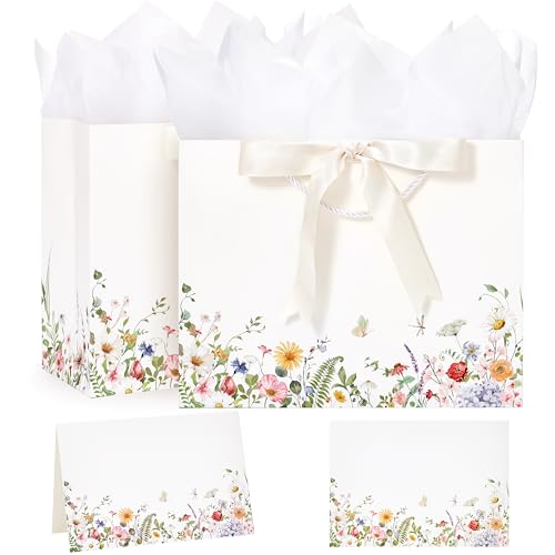 Crisky 2 Pack Wildflower Gift Bag with Tissue Paper and Cards for Wedding Bridal Shower Engagement Bachelorette Birthday Tea Party