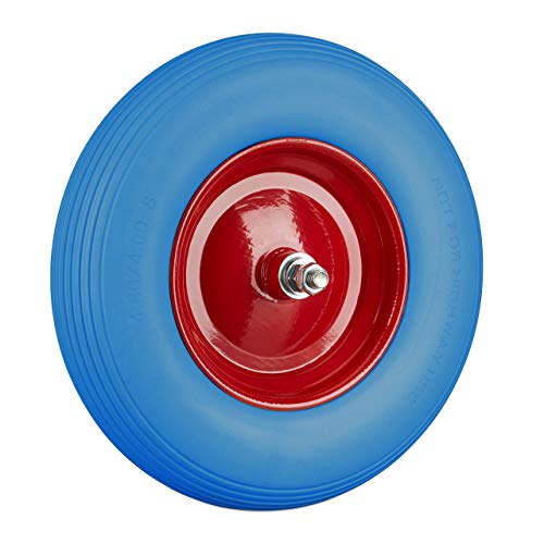 Relaxdays Schubkarrenrad Vollgummi mit Achse, 4.80 4.00-8 Gummirad, pannensicher, 100kg Tragkraft Ersatzrad, blau-rot
