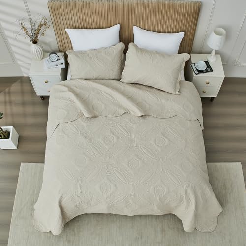 Image of Kingnex Oversized King Bedspreads 128x120 for Extra Wide Tall King or Cal King Bed Ultrasonic Quilted Coverlet Set 3 Piece Include 1 Quilt 2 Pillowcases Beige