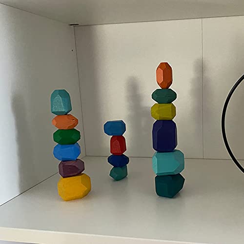 Cllayees 16 Pcs Wooden Stacking Blocks Rocks Building Toys, Colored Solid Wood Stones Pre-School Educational Games Creative Toys For Kids Toddlers #TOP6