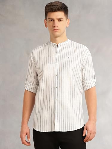 Image of Thomas Scott Men's Slim Fit Cotton Linen Casual Shirt with Mandarin Collar | Vertical Stripes | Three-Quarter Roll-Up Sleeves