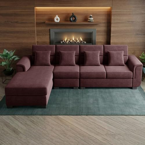 Image of Wood 6 Seater Sofa Set | Velvet Fabric Upholstery | Modern Wooden Frame Sectional Couch with Cushions for Living Room, Home & Office (Brown)