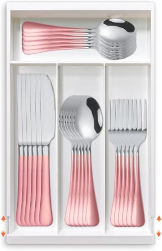 Image of Gilded Silverware Set, 24 Piece Cutlery Set with Holder, Service for 6, Mirror Polished Tableware Set for Home Kitchen (Pink Silver)