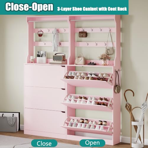 Image of Shoe Cabinet for Entryway with 3 Flip Drawers, Pink Tall Shoe Storage Cabinet with Coat Rack, Wood Narrow Slim Hidden Freestanding Shoe Rack Organizer, 2 in 1 Hall Tree for Living Room, Hallway