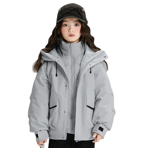 SXSHUN Girls' Functional Jacket 3-in-1 Children's Jacket Boys Winter Jacket Breathable Rain Jacket Windproof Outdoor Jacket with Hood, gray, 164