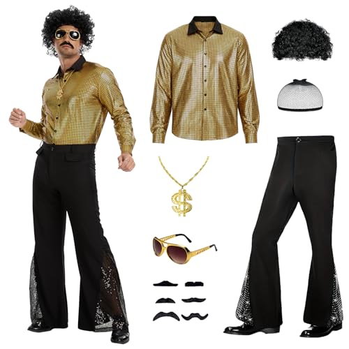 JDFAIJEAL Set de disfraz de hippie disco para adultos - Atuendo estilo retro de los 70-80 con camisa, pantalones, peluca afro, collar, gafas de sol hippie funky y pegatina de barba (Oro, M)