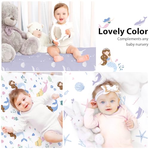Image of Baby Crib Sheets Girl, 3 Pack Toddler Bed Sheets Fitted for 52 inchx28 inch Standard Crib and Toddler Mattresses, Super Soft Microfiber Purple Mermaid