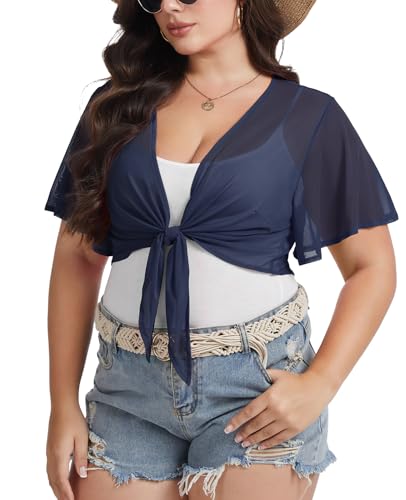 Image of Women Crop Cardigan Sheer Mesh Bolero Shrugs for Dresses Plus Size Tie Front Cardigans Ruffled Short Sleeve Tops