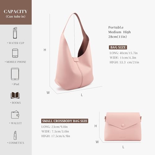 Image of HKCLUF Hobo Bags Purses for Women 2PCS /Set,Soft Vegan Leather Slouchy Shoulder Hobo Handbags with Small Crossbody Bags for Women (pink)