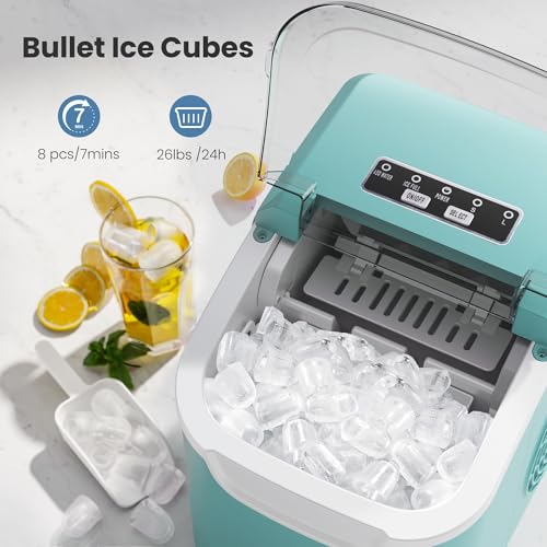 Image of Portable Ice Maker Machine with Handle, 26lbs /24Hrs, 6Mins /9 Ice Cubes, Self-Cleaning with Basket /Scoop, Countertop Ice Makers for Home /Kitchen /Office(Green)