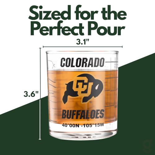 Image of Greenline Goods University of Colorado Buffaloes Whiskey Glasses Set of 2, 10 oz Rocks Glasses with Full-Color Logo & Campus Map - Officially Licensed Bourbon Glass Gift for Alumni & Fans