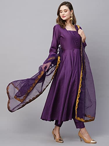 Image of GoSriKi Women's Cotton Blend Anarkali Solid Kurta with Pant & Dupatta (Mini-BEGANI-GS)