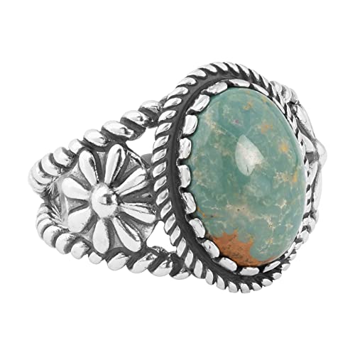 American West Jewelry Sterling Silver Genuine Gemstone Concha Flower Ring, Sizes 5 to 13