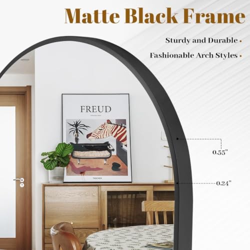 Image of VooBang Arched Wall Mirror, 24 x 36 inch Arch Bathroom Mirror, Wall Mounted Vanity Mirror with Arch Metal Frame, Modern Bathroom Vanity Mirror for Bedroom, Living Room, Hanging or Leaning, Black