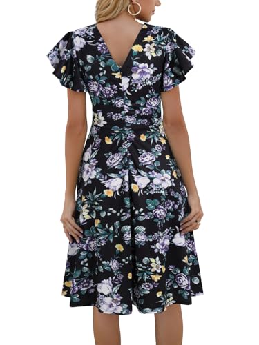 Image of MSLG Women's Fit and Flare Ruffle Short Sleeves Dresses Work V-Back Cocktail Semi Formal A Line Dress with Pockets 842