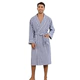 Vulcanodon Mens Robe Lightweight Striped Kimono Bathrobe, Soft Long Sleeve Knee Length Sleepwear with Pockets for Home Lounge Spa(NAVY WHITE STRIPE,2XL/3XL)