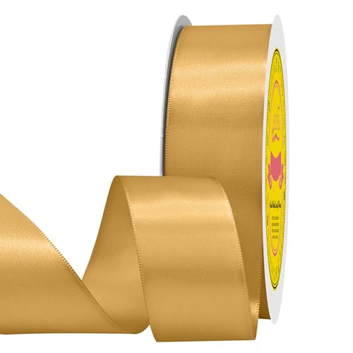 Image of Double Face Old Gold Satin Ribbon 1-1 /2 inch X 50 Yards Polyester Old Gold Ribbon for Gift Wrapping Very Suitable for Weddings Party Hair Bow Invitation Decorations and More