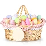 Leinuosen Easter Basket Wicker Picnic Basket with Wooden Egg Cutout Woven Candy Storage Gift Wine Baskets with Handle for Easter Egg Gathering Outdoor Camping Wedding Birthday Party Supplies(Pink)