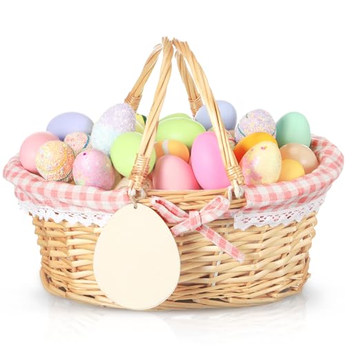 Leinuosen Easter Basket Wicker Picnic Basket with Wooden Egg Cutout Woven Candy Storage Gift Wine Baskets with Handle for Easter Egg Gathering Outdoor Camping Wedding Birthday Party Supplies(Pink) by Leinuosen - Used condition - US$21.60