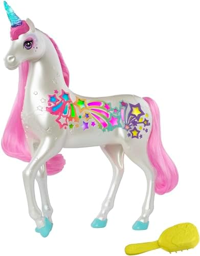 Barbie Dreamtopia Jednorożec Magiczne Włosy ze światełkami i dźwiękami, biały z różową grzywą i ogonem, wspaniały prezent dla dzieci w wieku 37 lat, GFH60