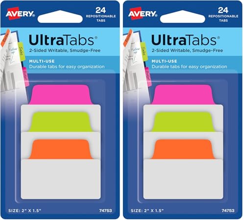 Image of Avery Multiuse Ultra Tabs, 2 inch x 1.5 inch, 2-Side Writable, Neon Pink /Green /Orange, 24 Repositionable Tabs (74753) (Pack of 2)