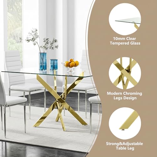 Image of 5 Piece Glass Dining Table Table Set, Tempered Glass Dining Table Set for 4 Kitchen Table Set with 4 Upholstered Chairs for Kitchen Dining Room (Gold Leg Table with White Chair)