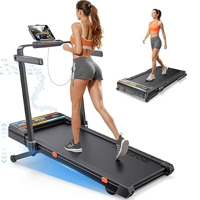 Foldable Walking Pad with 0-15% 9-Levels Auto Incline and Handle Bar, Under Desk Treadmill with 300LBS Weight Capacity, 3.0HP Quiet Treadmills for Home with Speaker, APP & Remote Control - Blue Orange