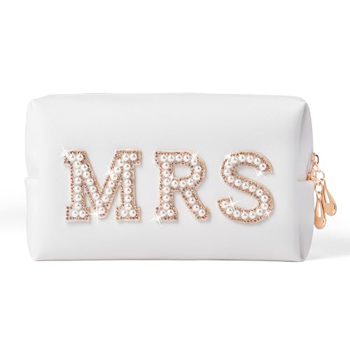 Y1tvei Gold MRS Letter Patch Cosmetic Toiletry Bag Pearl Rhinestone Varsity Letter Patches PU Leather Bride Makeup Bag Waterproof Portable Zipper Clutch Purse Travel Organizer for Women Christmas