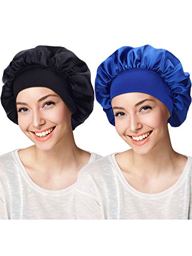 Blulu 2 Pieces Satin Bonnet Night Sleep Cap Sleeping Head Cover for Women Girls, 2 Types (Black, Dark Blue)
