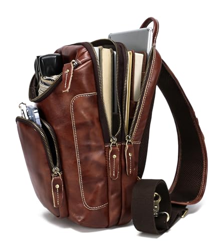 LANNSYNE Vintage Full Grain Leather Sling Bag Crossbody Chest Daypack And Travel Passport Long Wallet for Men/Women RFID Blocking2