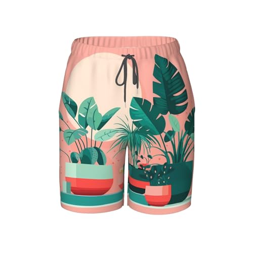 Beautiful Potted Green Plants Medium Youth Beach Pants, Soft and Breathable, with Drawstring Waist, Suitable for Sports and Leisure.