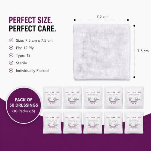 Image of LifeMed Sterile Absorbent Gauze Swabs 7.5 x 7.5 cm, 12 Ply, 50 Dressings (10 Packs x 5)