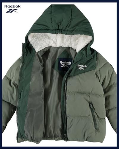 Image of Reebok Girls Heavyweight Poly Taffeta Puffer Jacket with Sherpa Hood | Insulated Quilting Locks in Warmth, Zip-Up Closure, Secure Pockets for Gloves, Cozy Protection for Cold-Weather Play
