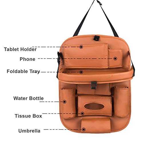 Image of PU Leather Auto Car Back-Seat Organizer with Tray, Multi-pocket Storage, Tablet Holder, Bottle and Tissue Paper Holder, Mobile Holder and Tray for food (TAN)