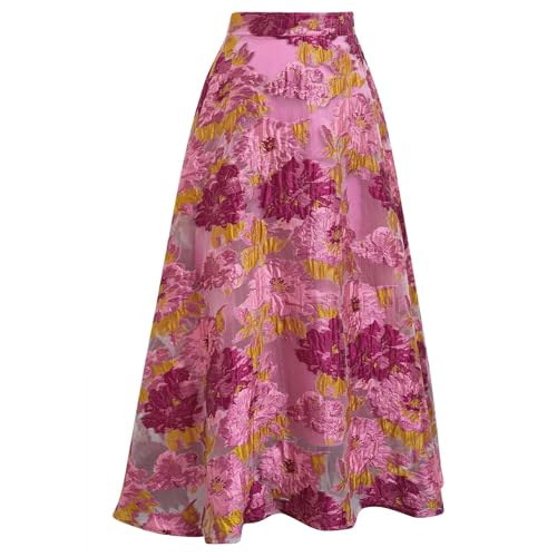 CHICWISH Women Floral Jacquard Flared Skirts High Waist A-Line Casual Garden Party Vintage Swing Midi Skirt4