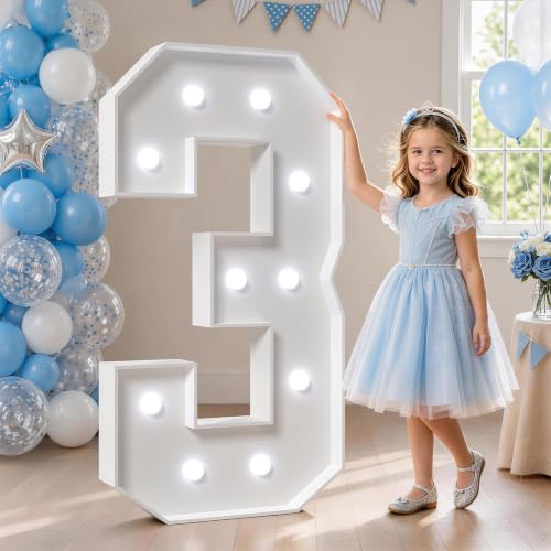 Image of Marquee Numbers, 4FT Marquee Light Up Numbers 3 With Cool Light | Large Numbers with Cool light for 13th 30th Birthday Party Decorations, Anniversary Decor 24 Pcs Accessory Set
