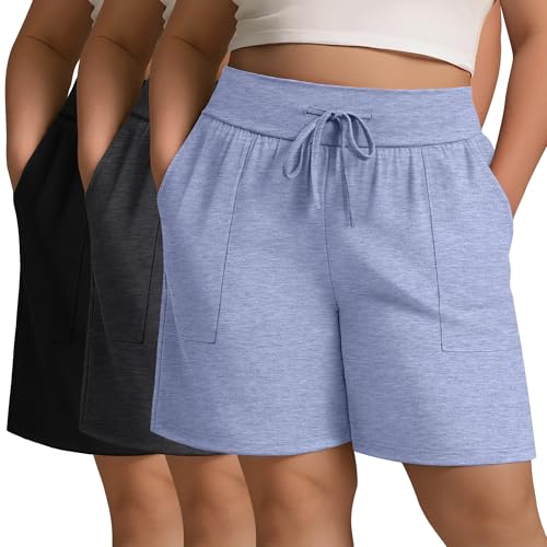 3 Pack Women's Plus Size Cotton Shorts, Drawstring Sweat Shorts Loose Lounge Running Athletic Shorts with Pockets