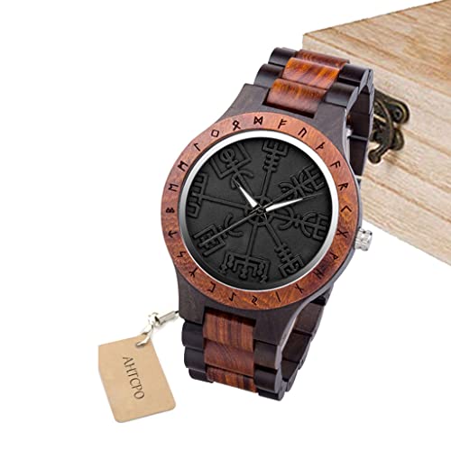 AHTCPO Relojes De Madera Vegvisir, Hombres Vikingos Joyería, Mito Nórdico Vintage Runas Círculo, Brújula Reloj de Madera, Hecho a Mano Grabado Caja de Madera de Regalo