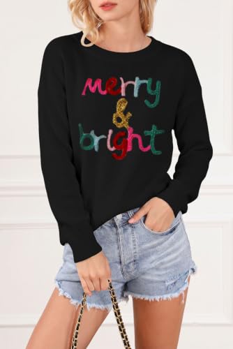 Image of LEMAFER Women 2026 Merry Christmas Round Neck Sequin Letters Sweater Casual Solid Slogan Long Sleeve Pullover Sweatshirt Tops
