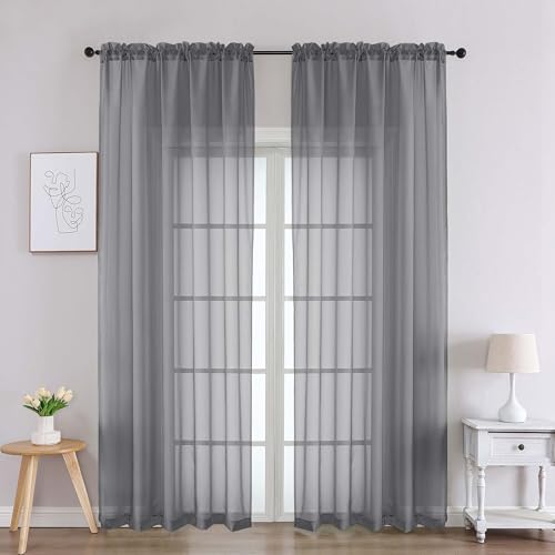 Image of Chyhomenyc Charcoal Grey Sheer Curtains 90 Inches Long 2 Panels, Light Filtering Charcoal Grey Curtains for Living Room, Soft Gentle Voile Rod Pocket Bedroom Window Drapes, 59Wx90L Inch, 2PCS