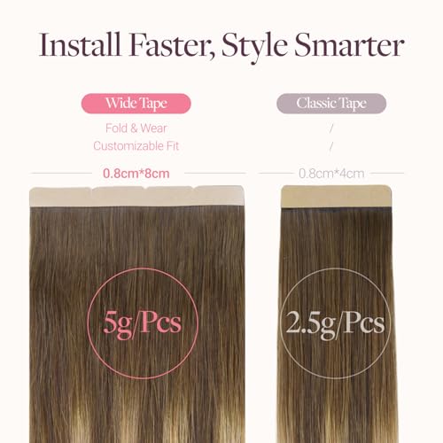 Image of GOO GOO Tape In Weft Hair Extensions Human Hair, 4 /27 /4 Balayage Chocolate Brown to Caramel Blonde, 8cm Wide Tape, 18inch 10pcs 50g, Tape Weft Hair Extensions, Seamless Tape in